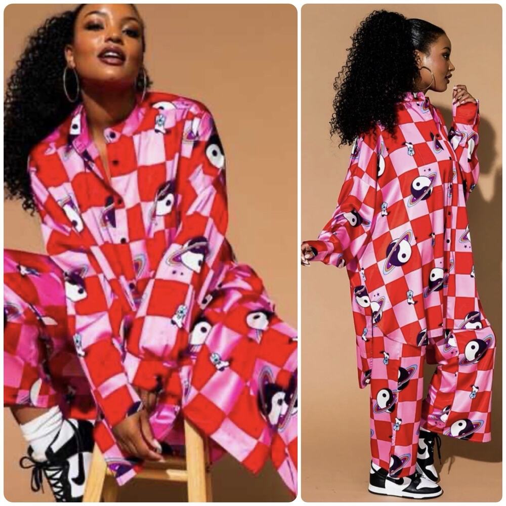 Dressed in LALA Cosmic Cowgirl Satin Play Set Yin Yang Boots Print Shirt Pants M